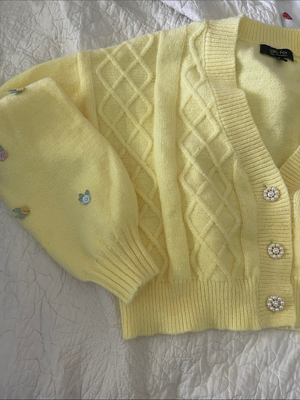 Yellow Cable Knit Cardigan with Pearl Buttons